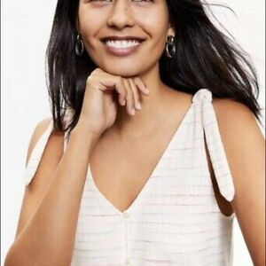 LOFT Bow Strap Button Front Linen Stripes Flounce Dress Ivory Multi-Color Medium